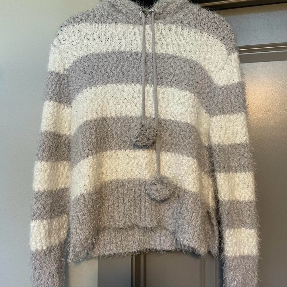 Harper Gray and White Striped Women's Turtleneck Sweater